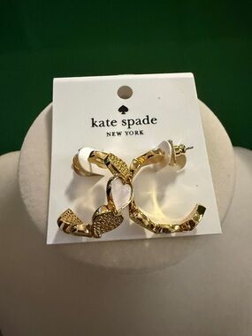 kate spade Gold-Tone Pavé & Mother-of-Pearl Heart Huggie Hoop Earrings